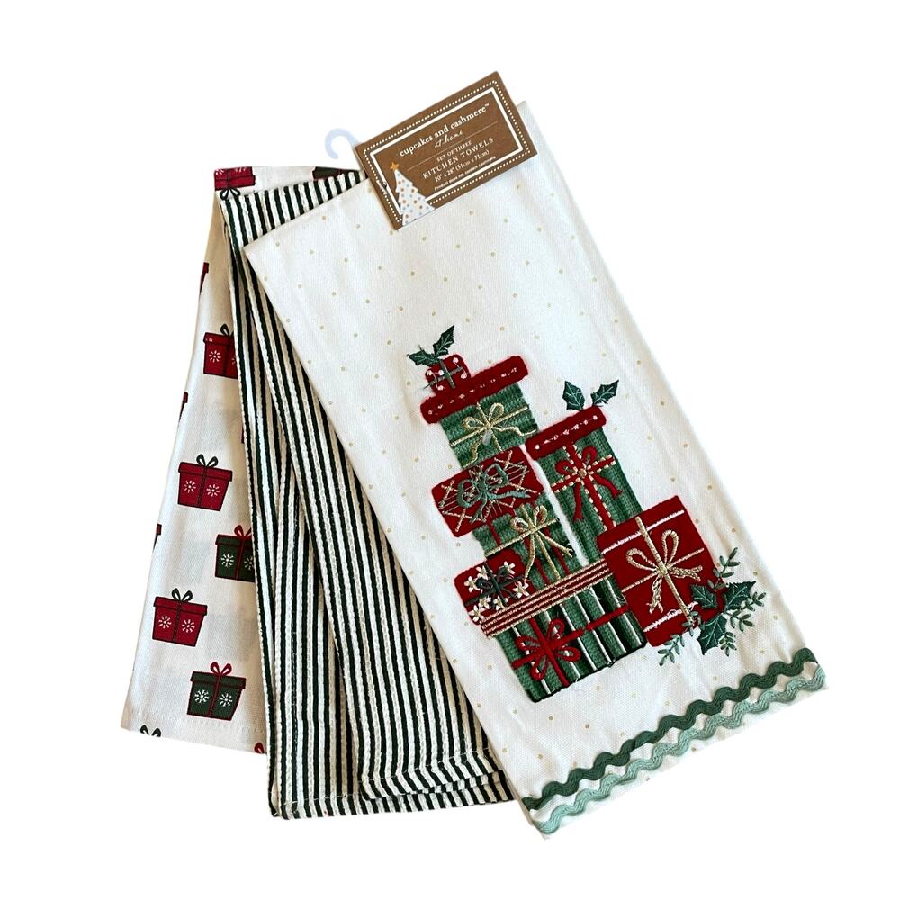 Cupcakes & Cashmere Christmas Present Kitchen Towels Set of 3 Embroidered New